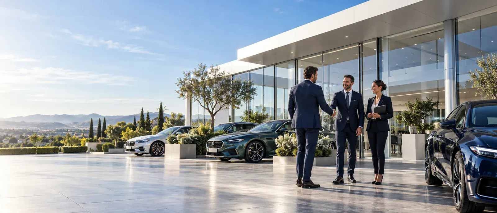 Équipe commerciale accueillant un client devant une concession automobile moderne