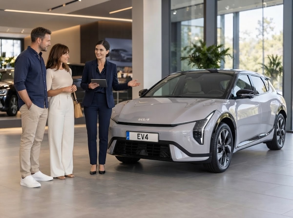Kia EV4 présentée à des clients dans une concession automobile