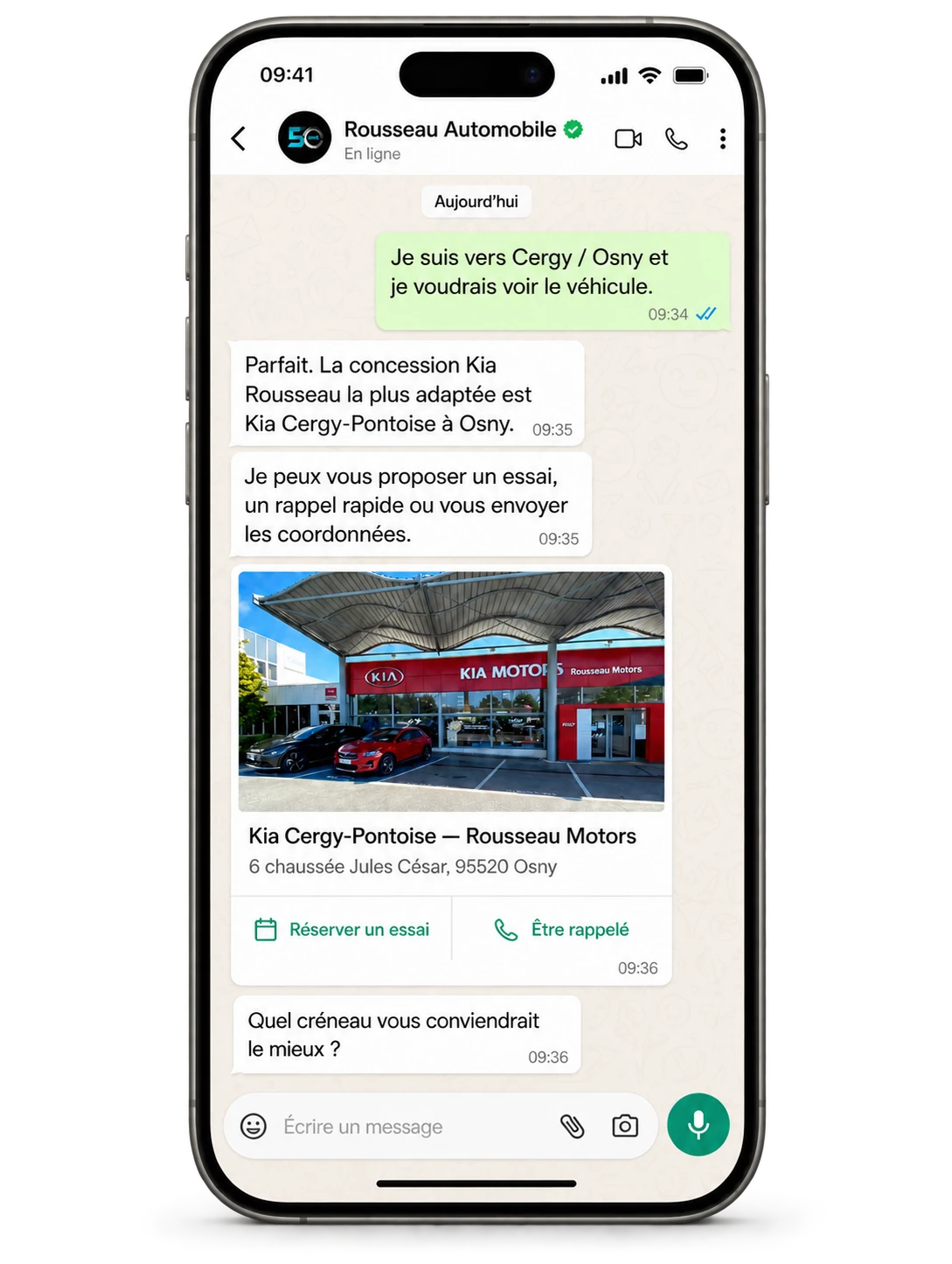 Conversation WhatsApp Rousseau Automobile pour orienter un prospect et réserver un essai