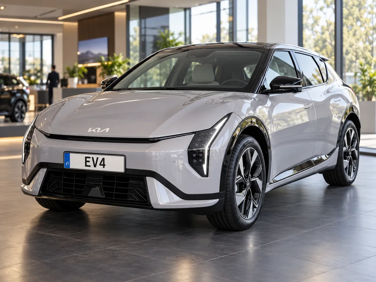 Kia EV4 au premier plan dans une concession automobile