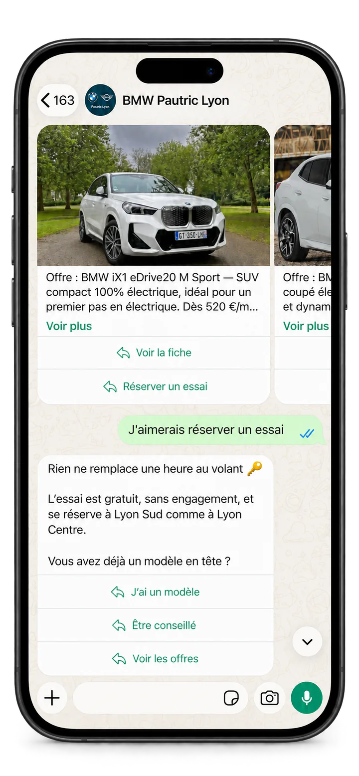 Conversation WhatsApp BMW Pautric Lyon avec catalogue de véhicules et réservation d’un essai